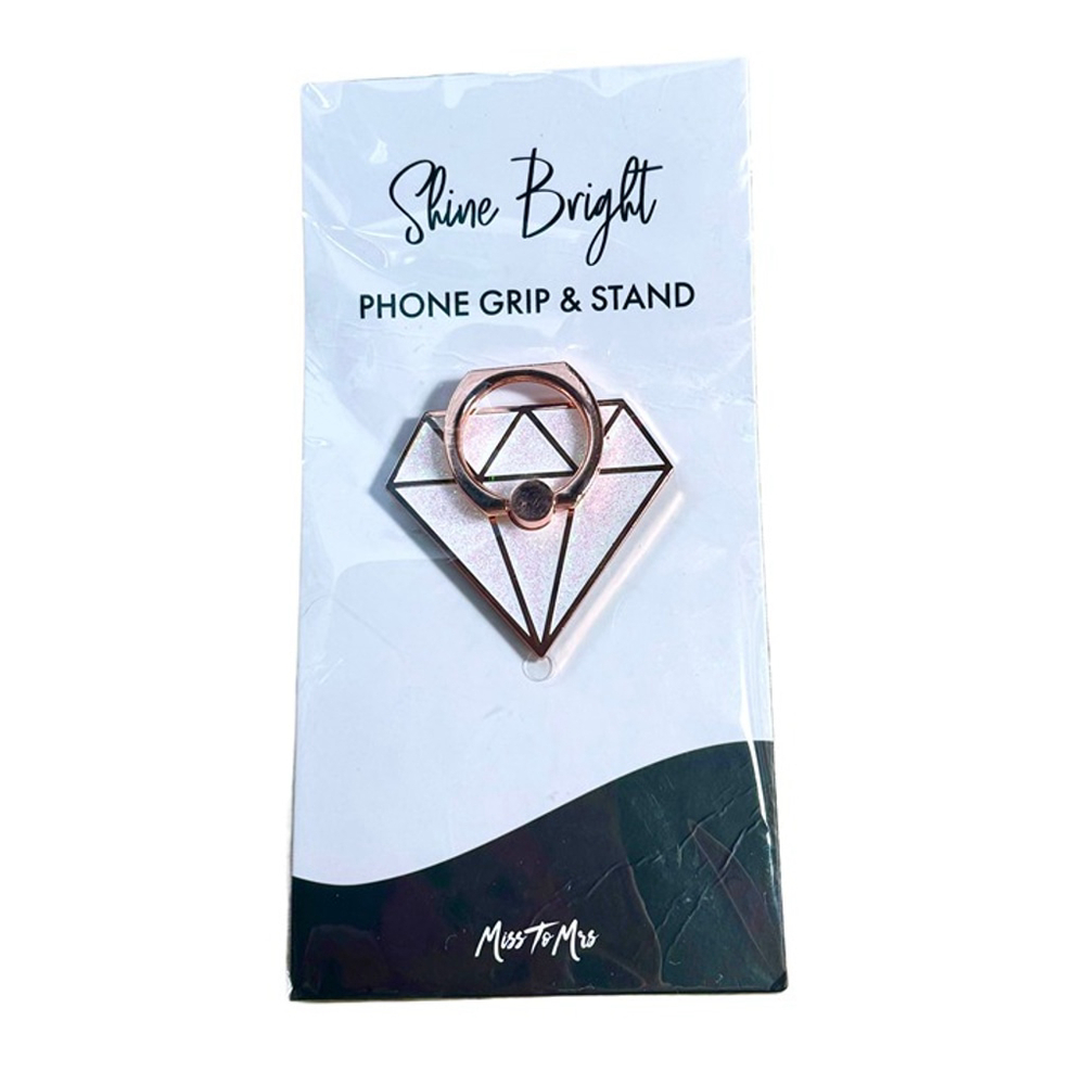Glittery White Diamond Phone Grip and Kickstand with Rose Gold Toned Metal